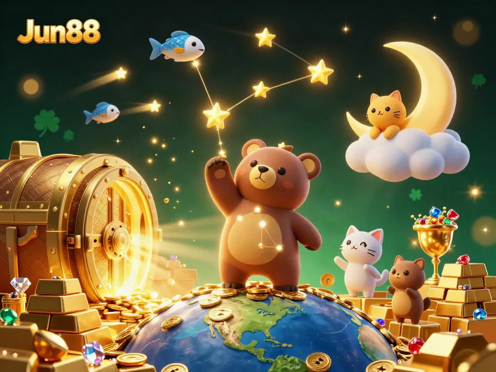 Engage with Jun88's exhilarating casino atmosphere filled with dazzling treasures and animated characters.