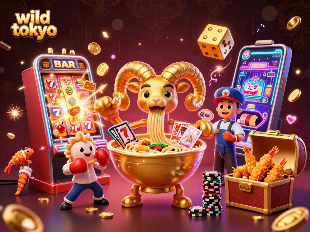 Engage in thrilling gaming action at Wild Tokyo, featuring energetic 3D characters and colorful casino elements.
