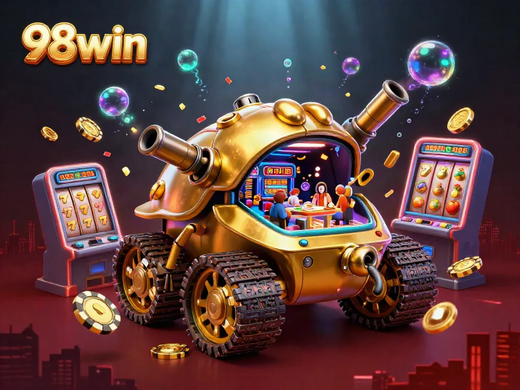 Engage in thrilling casino experiences at 98win with vibrant slot machines spinning and winning elements.
