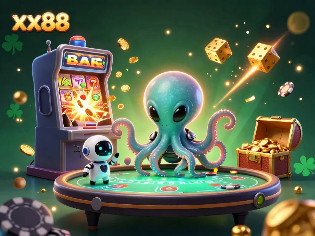 Spin to win at xx88 with an exciting 3D alien casino scene featuring a poker table and jackpot