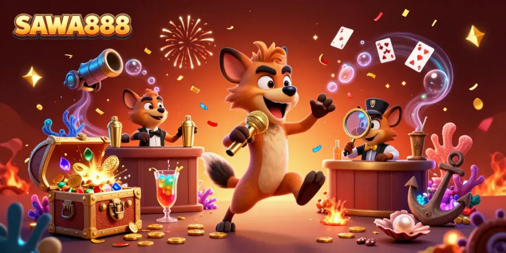 SAWA888 showcases a vibrant comedy casino scene with animated hyenas, gold coins, and festive decor, embodying gaming excitement.