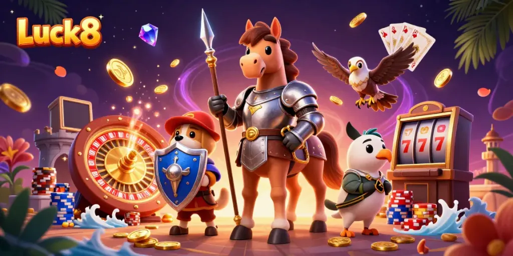 Experience the thrill of Luck8 with this vibrant casino-themed 3D illustration featuring dynamic game elements.